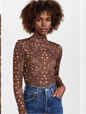 Agua by Agua Bendita Brown Floral Mock Neck Long Sleeve Top